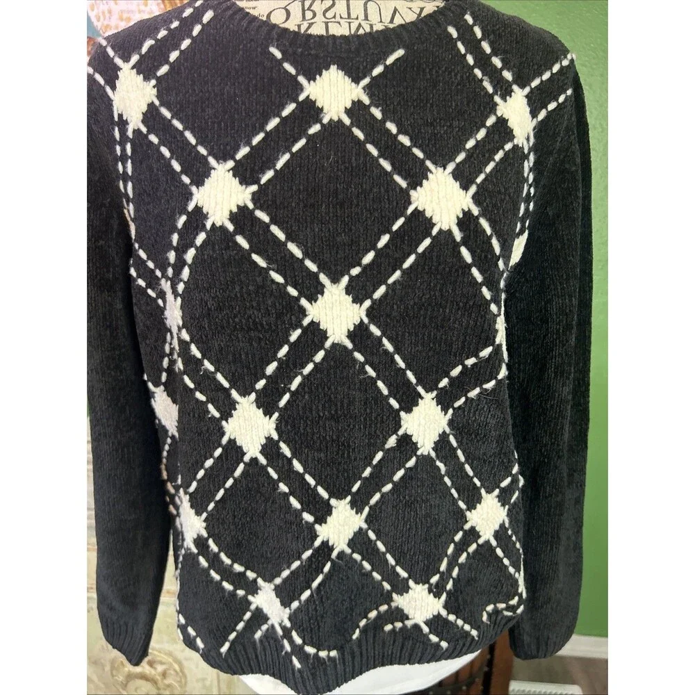 Vtg Alfred Dunner Womens Sweater Size Petite L Black & White Dark Academia